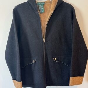 Ralph Lauren Wool Preppy Cardigan Jacket Women Petite Small Zip Up Black Hooded